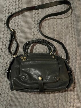 GRYSON Black Leather Shoulder Bag with Braided Top Handle